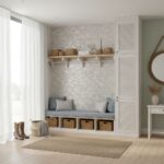 Beautiful shell tile wall with mother of pearl and oyster shell accents in a cozy home interior.