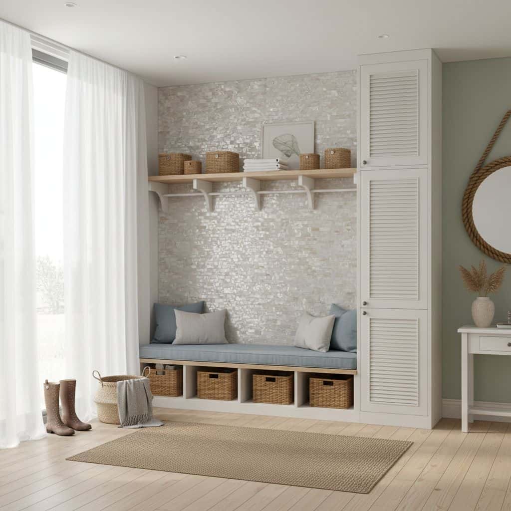 Beautiful shell tile wall with mother of pearl and oyster shell accents in a cozy home interior.