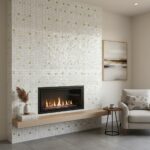 A modern living room featuring a fireplace with a wall covered in mother of pearl shell tiles, creating a shimmering, elegant.