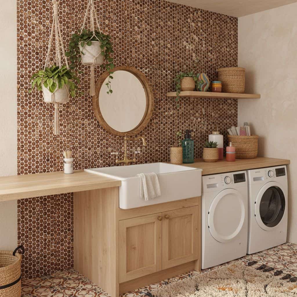 Stylish laundry room featuring a wall with mother of pearl shell tile behind the sink and washing machine.