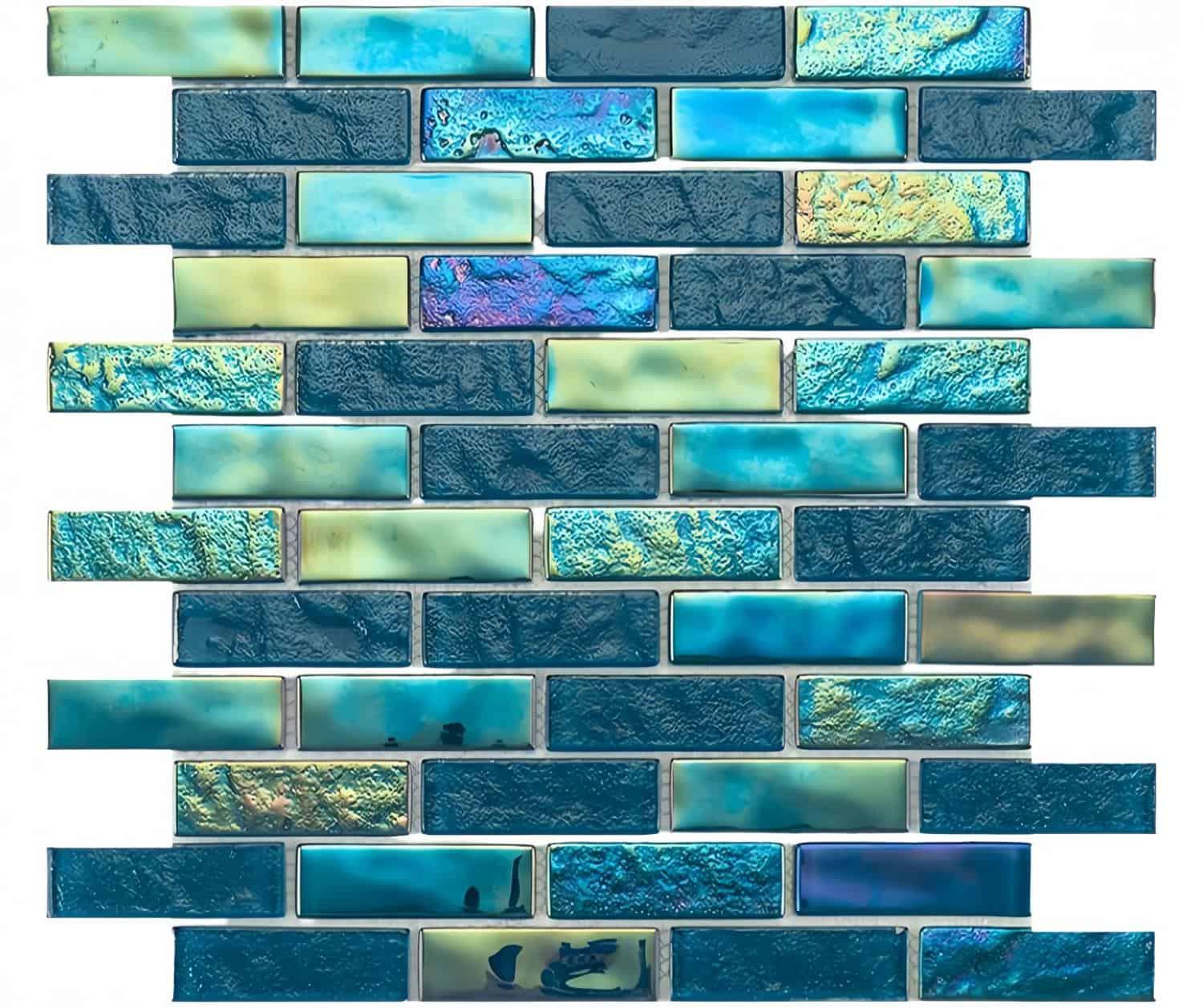 Colorful glass tile mosaic featuring various shades of blue and iridescent finishes, ideal for backsplashes and pool areas.