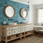 Modern bathroom vanity with blue glass mosaic tile backsplash, round mirrors, and natural wood accents.