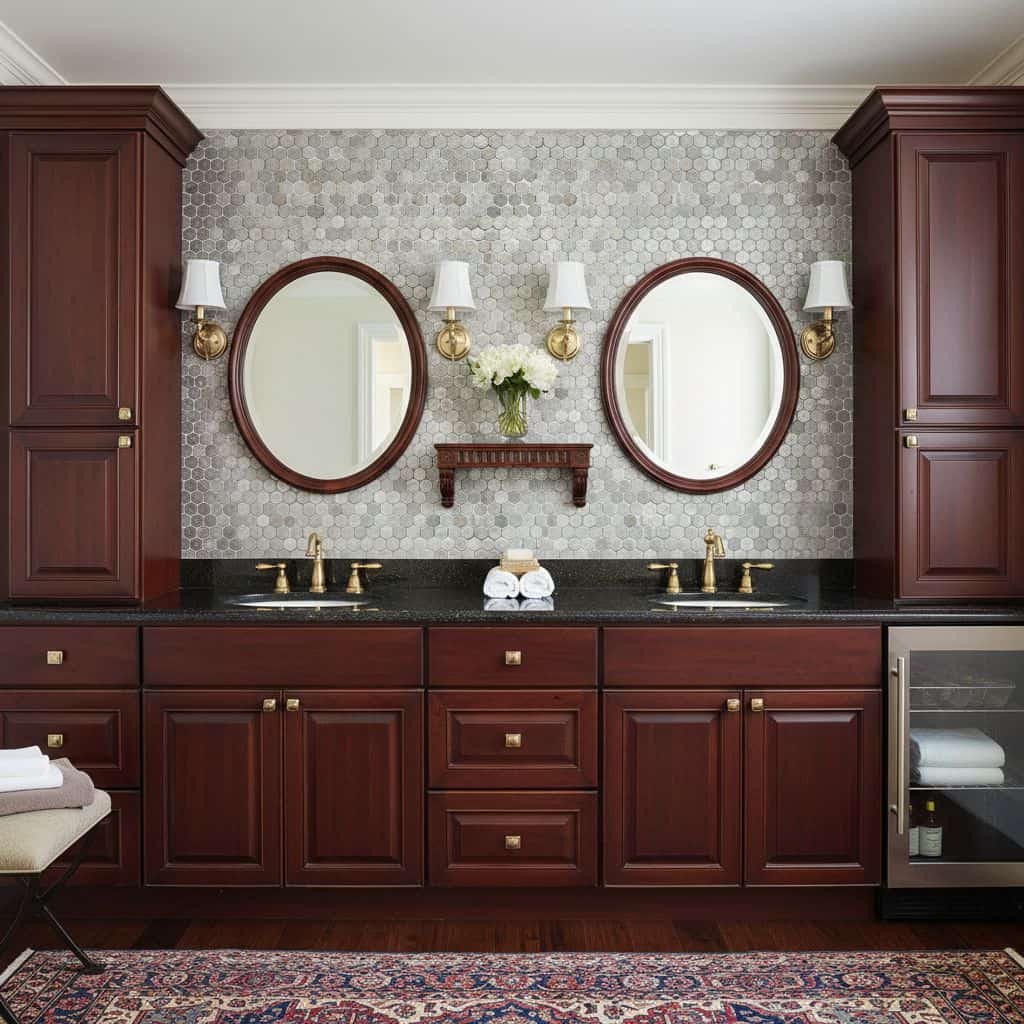 Elegant bathroom vanity with dual sinks, gold fixtures, and wall-mounted mirrors. Rich wood cabinetry and a decorative tile b.