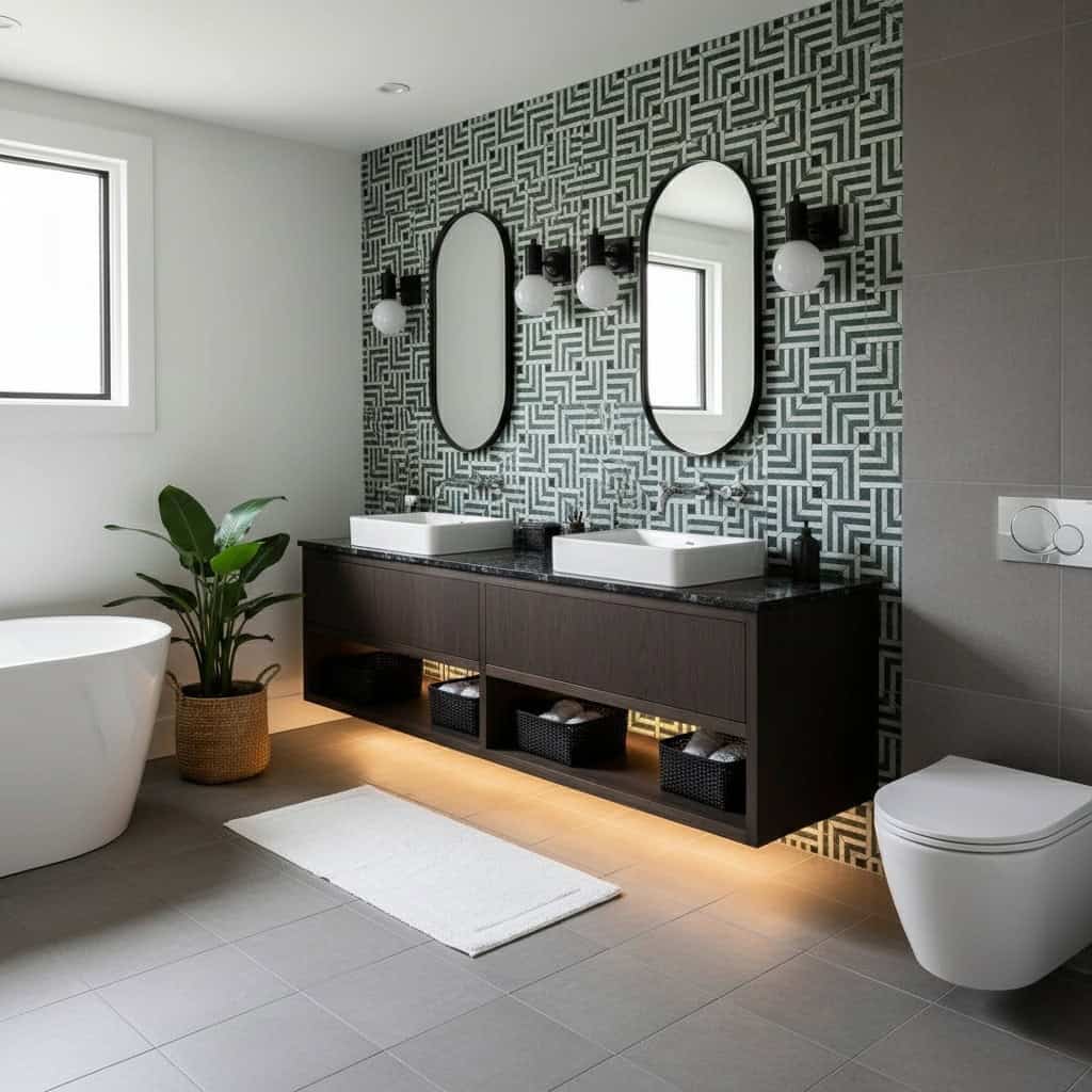 Geometric patterned wall tile in black and white, with a matte finish, used as a feature wall behind dual sinks in a modern b.