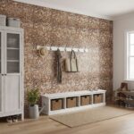 Up of a wall covered with mother of pearl shell tiles in a cozy entryway. The tiles add a shimmering, natural texture to the.