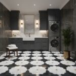 Elegant black and white floral patterned marble tiles with a glossy finish, complementing the dark cabinetry and contemporary.