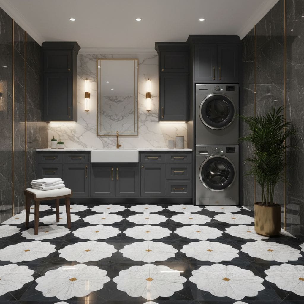 Elegant black and white floral patterned marble tiles with a glossy finish, complementing the dark cabinetry and contemporary.
