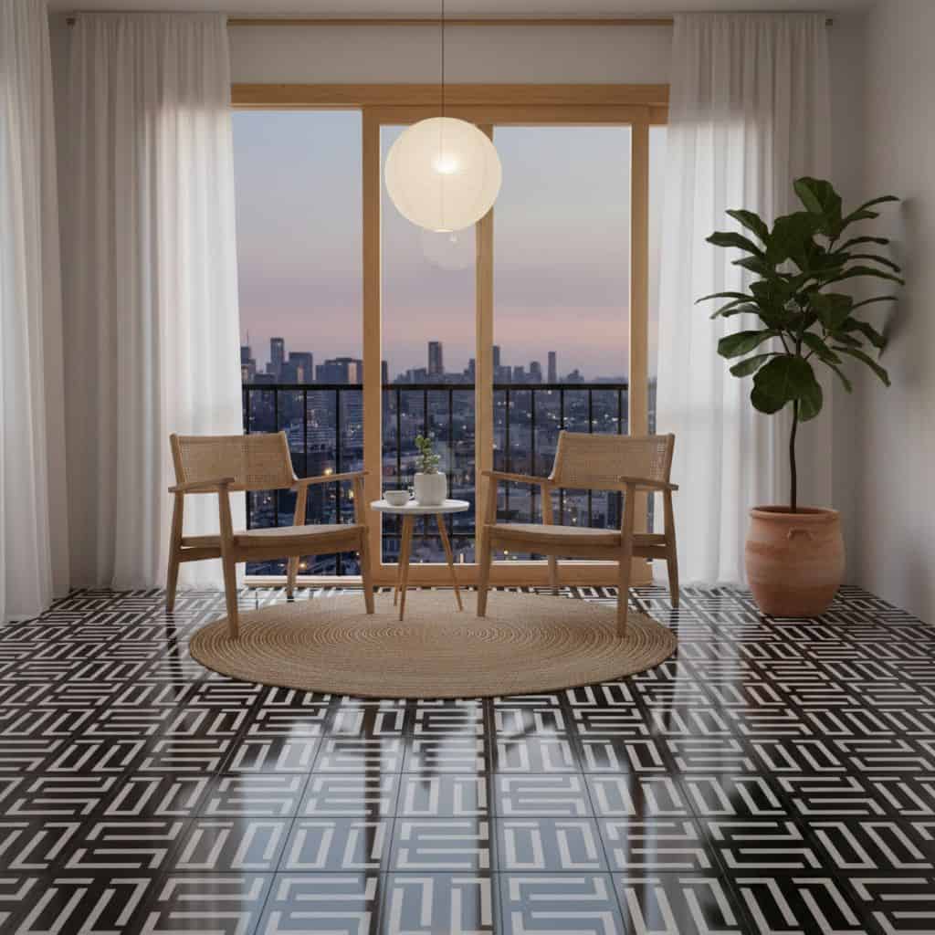 Stylish black and white geometric patterned tile floor in a contemporary living space with natural light and city view.