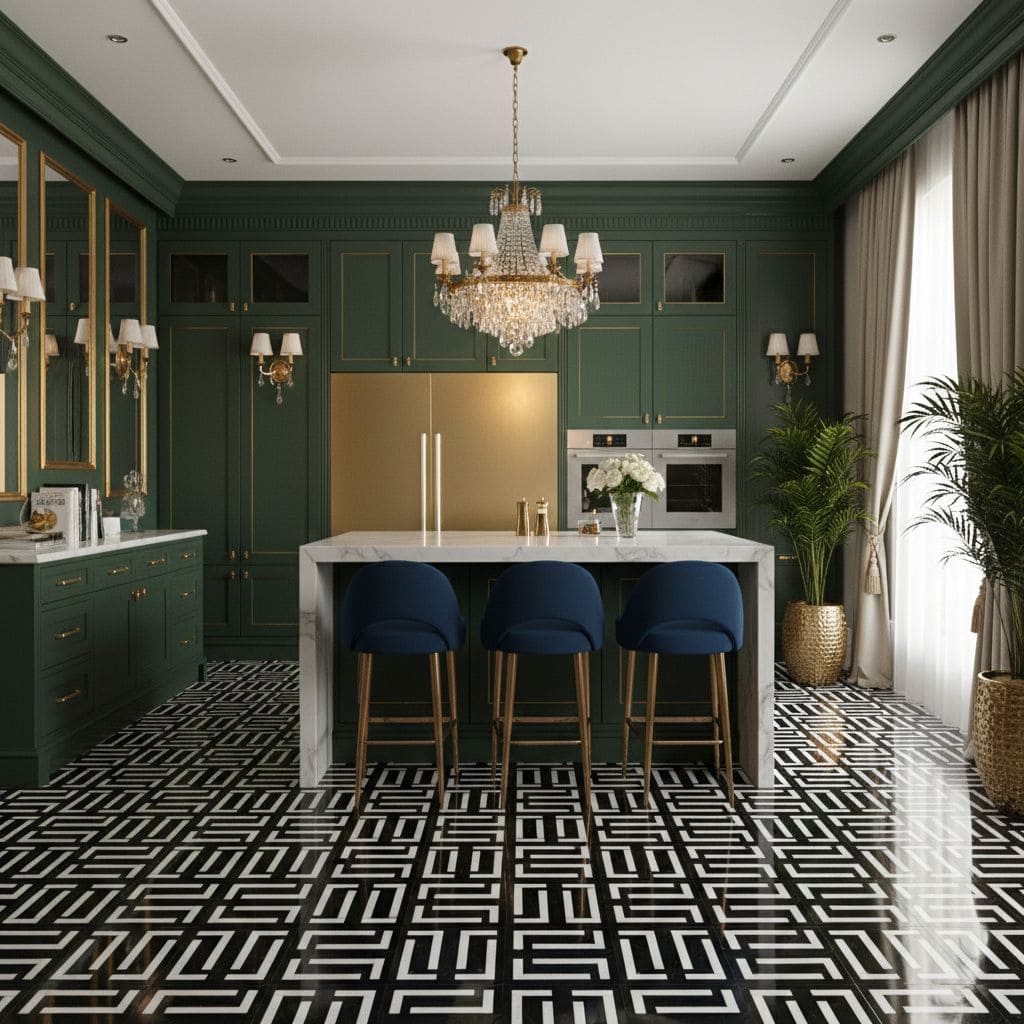 A stylish kitchen featuring dark green cabinets, gold hardware, and a white marble island with blue bar stools. Elegant chand.