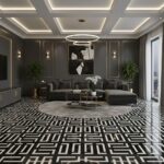 Modern black and gold living room with geometric patterned rug, sleek furniture, and elegant decor.