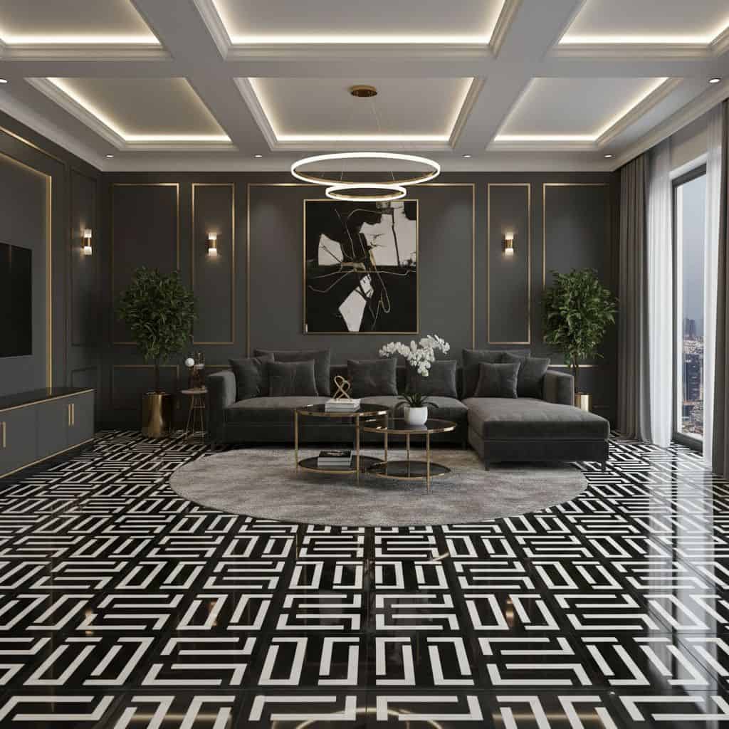 Modern black and gold living room with geometric patterned rug, sleek furniture, and elegant decor.