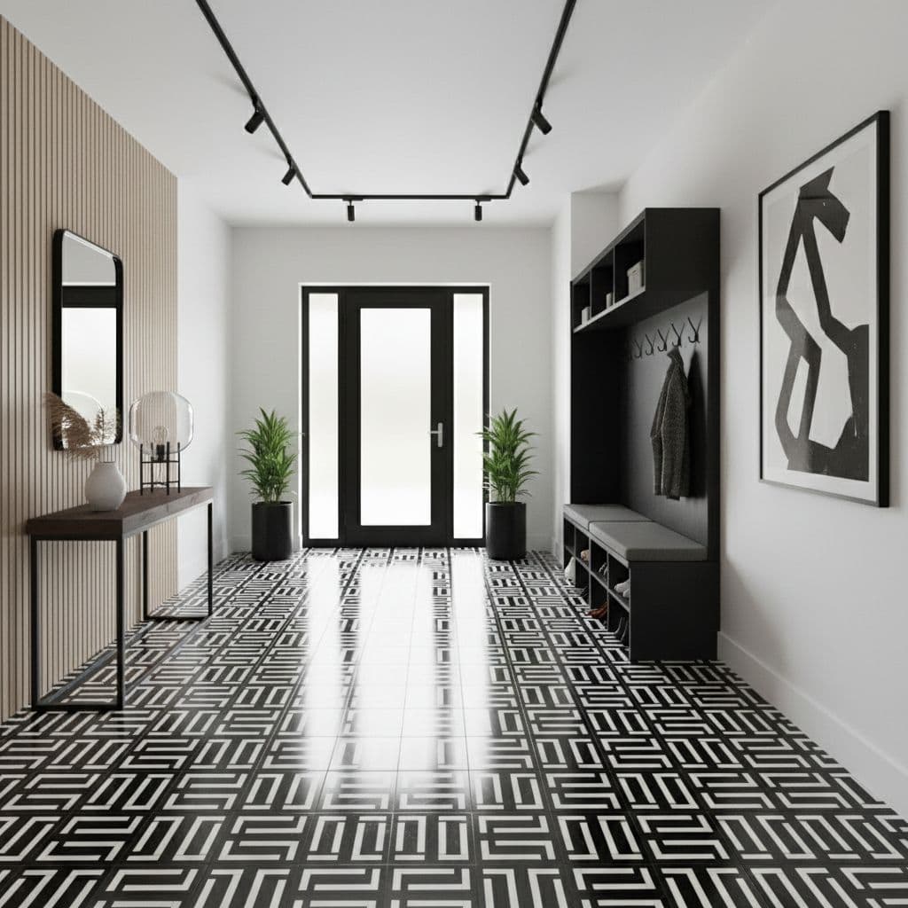 Black and white geometric patterned tile with a glossy finish, used on the floor of a contemporary entryway.