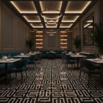 Luxurious restaurant interior with dark blue walls, gold accents, and geometric patterned flooring.