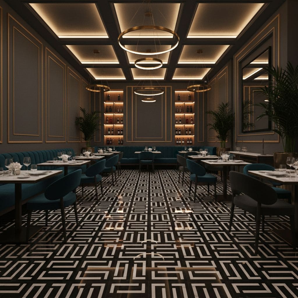 Luxurious restaurant interior with dark blue walls, gold accents, and geometric patterned flooring.