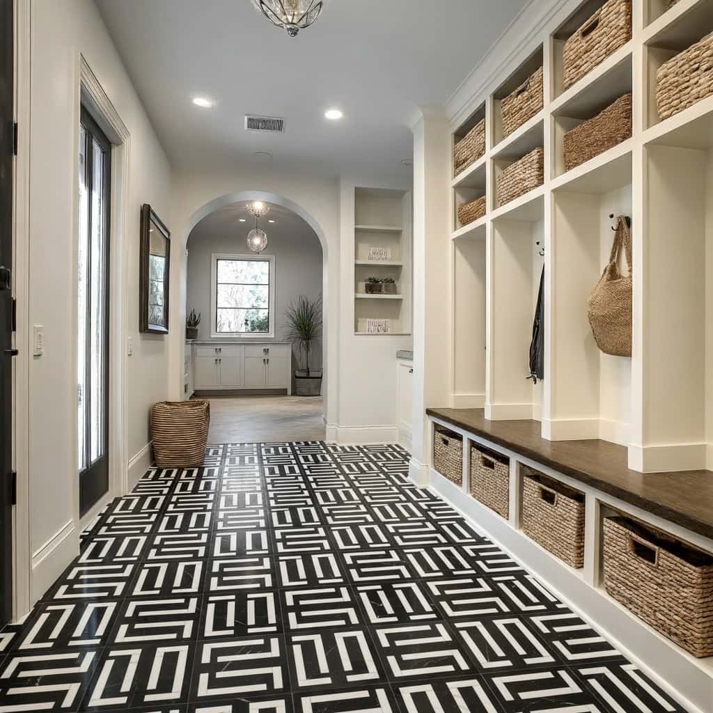 Black and white geometric patterned tile with a textured surface, used as flooring in a modern entryway.