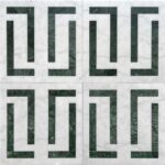 Green marble tile with a textured, polished surface arranged in a geometric maze pattern on a white marble background.
