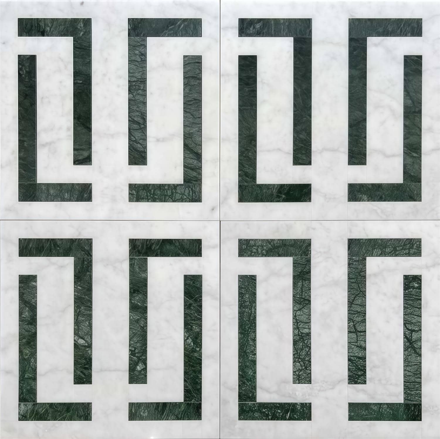 Green marble tile with a textured, polished surface arranged in a geometric maze pattern on a white marble background.