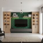 Modern living room with peel and stick wall tile behind TV, flanked by wooden cabinets and decorated with shelves and plants.