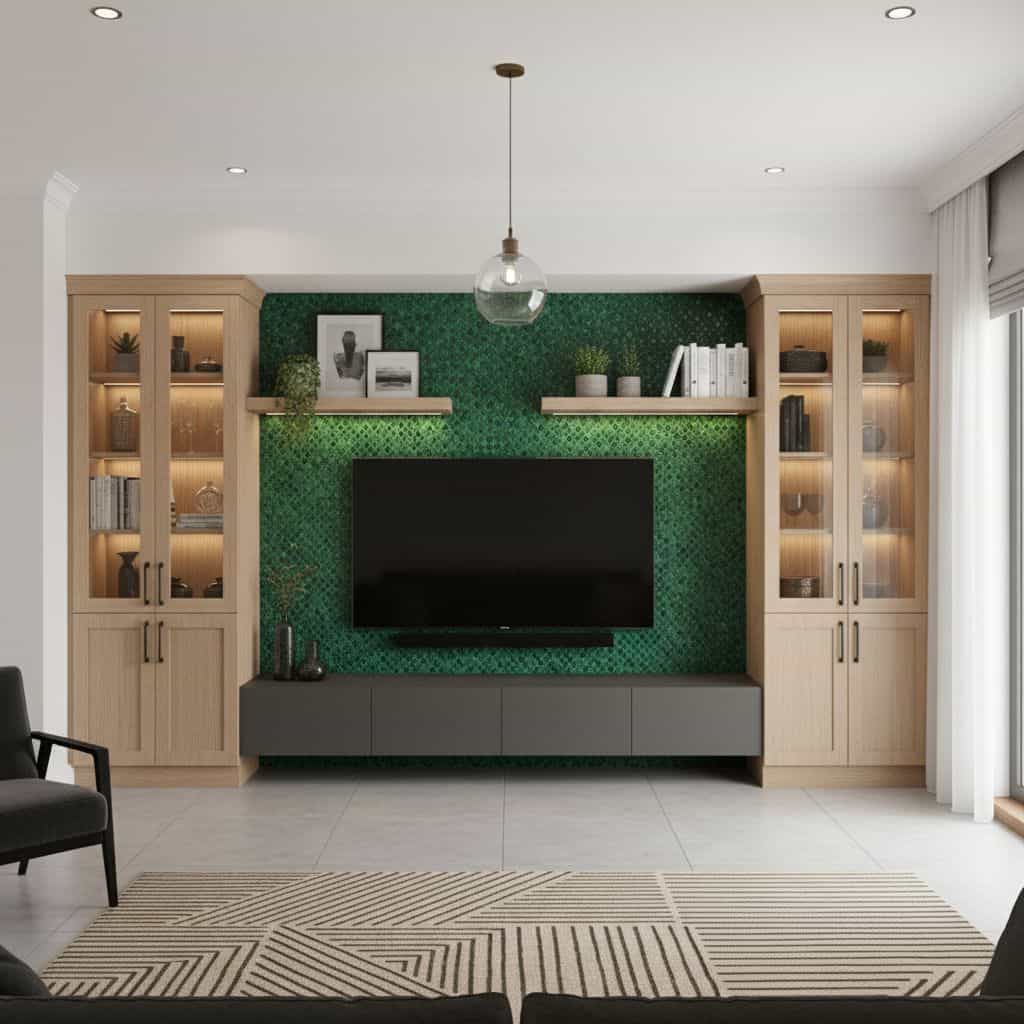 Modern living room with peel and stick wall tile behind TV, flanked by wooden cabinets and decorated with shelves and plants.