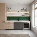 Modern kitchen with peel and stick tile backsplash, minimalist design, natural light, and wooden accents.