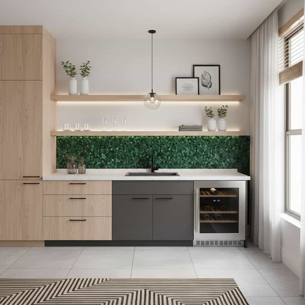 Modern kitchen with peel and stick tile backsplash, minimalist design, natural light, and wooden accents.