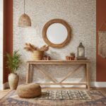 Decorative shell tile wall with mother of pearl accents and natural wood furniture in a stylish home interior.