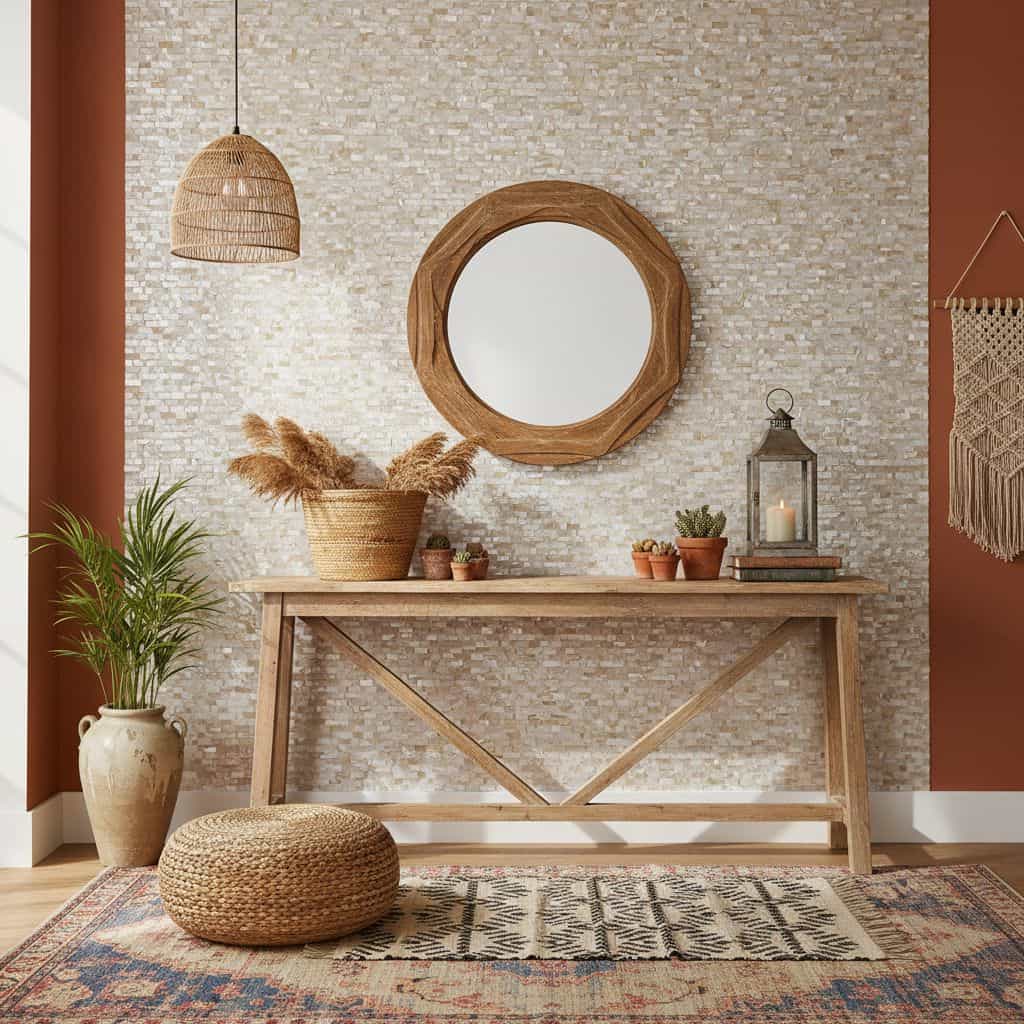 Decorative shell tile wall with mother of pearl accents and natural wood furniture in a stylish home interior.