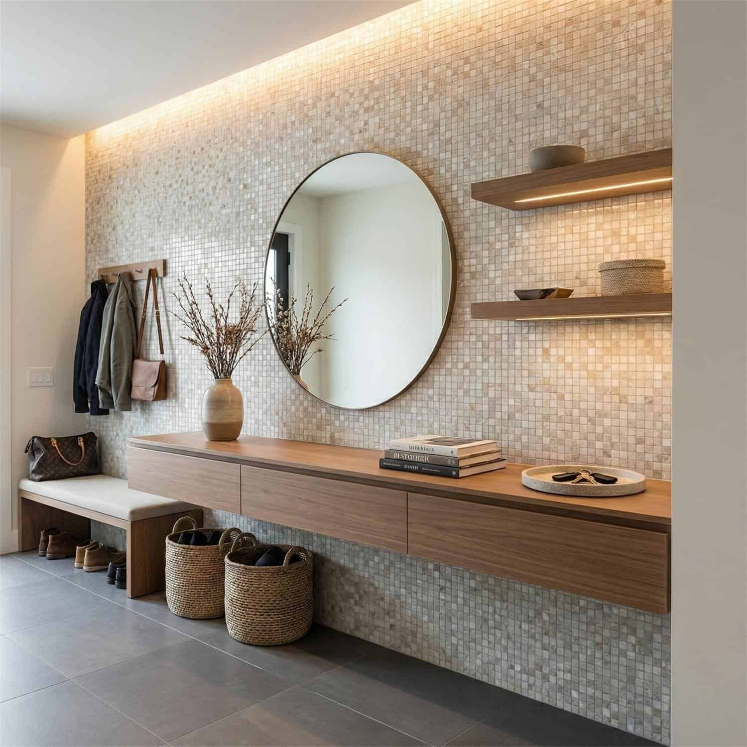 Decorative shell tile wall with a round mirror and wooden accents in a modern entryway.