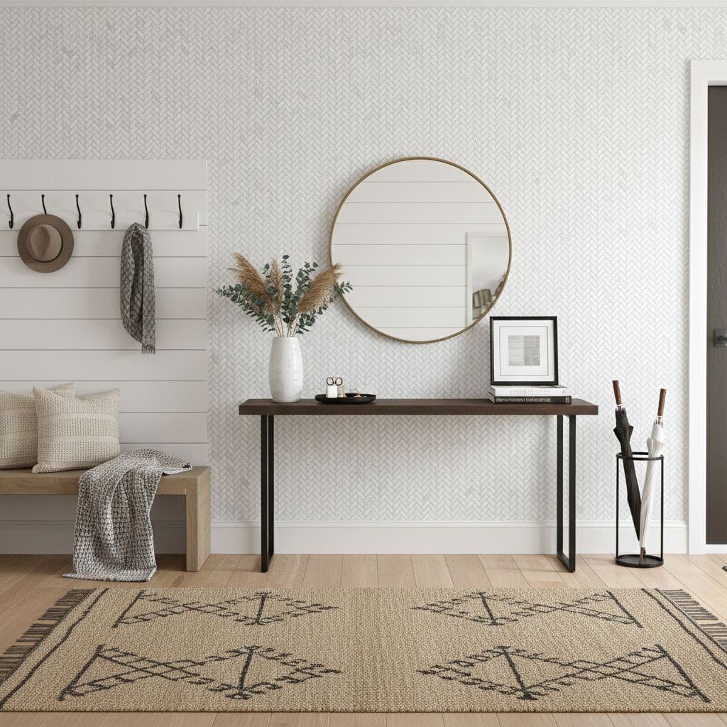 A stylish interior featuring a wall with mother of pearl shell tiles, complemented by a round mirror, console table, and deco.