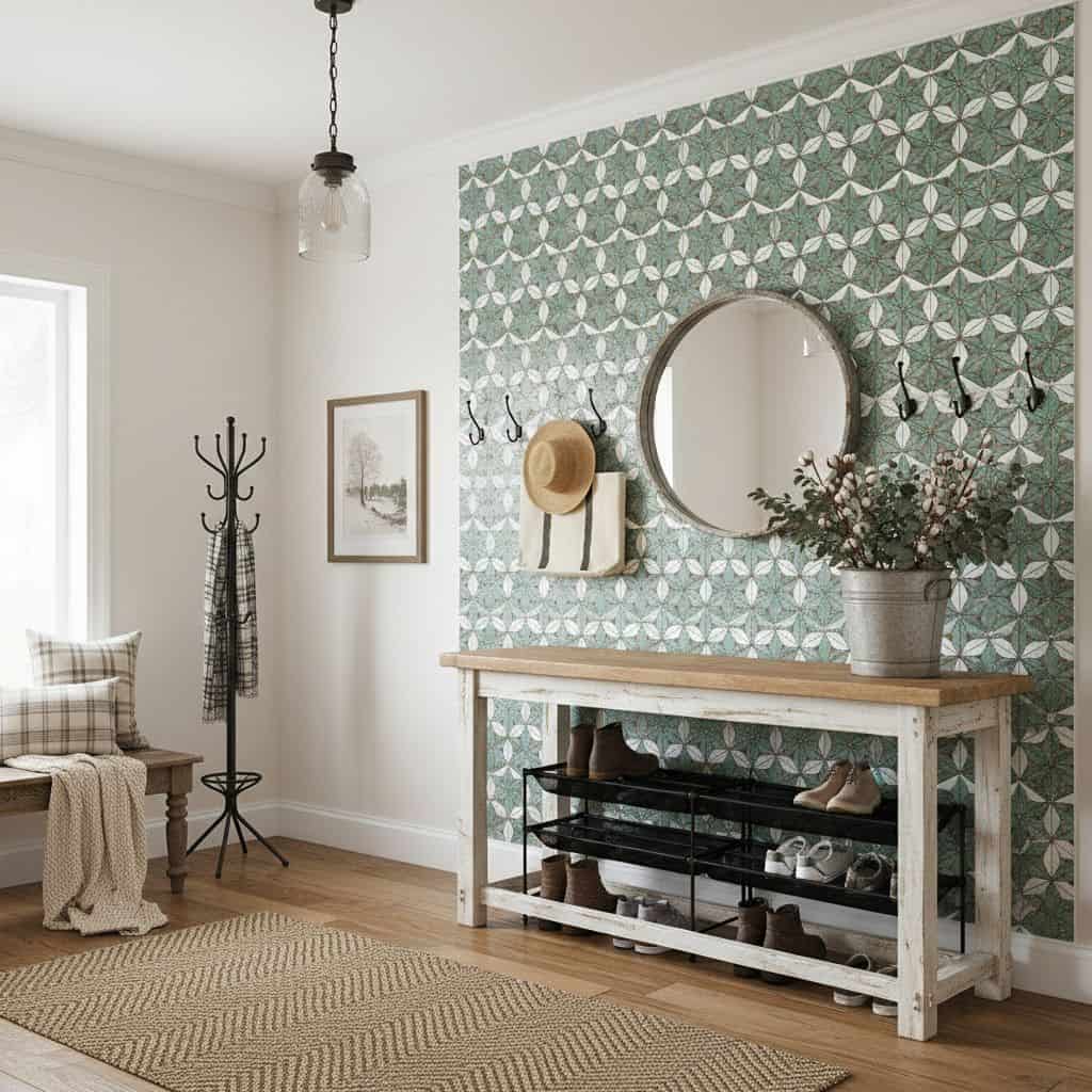 A stylish entryway with peel and stick wall tile, mirror, and decor for a modern home upgrade.