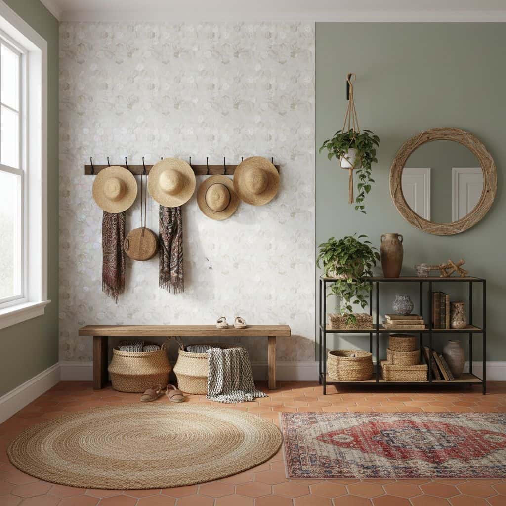 Inspired interior featuring mother of pearl and shell tiles, complemented by woven baskets and vintage decor.
