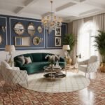 A luxurious living room featuring a navy blue accent wall with gold-framed mirrors and classic black-and-white photographs, c.