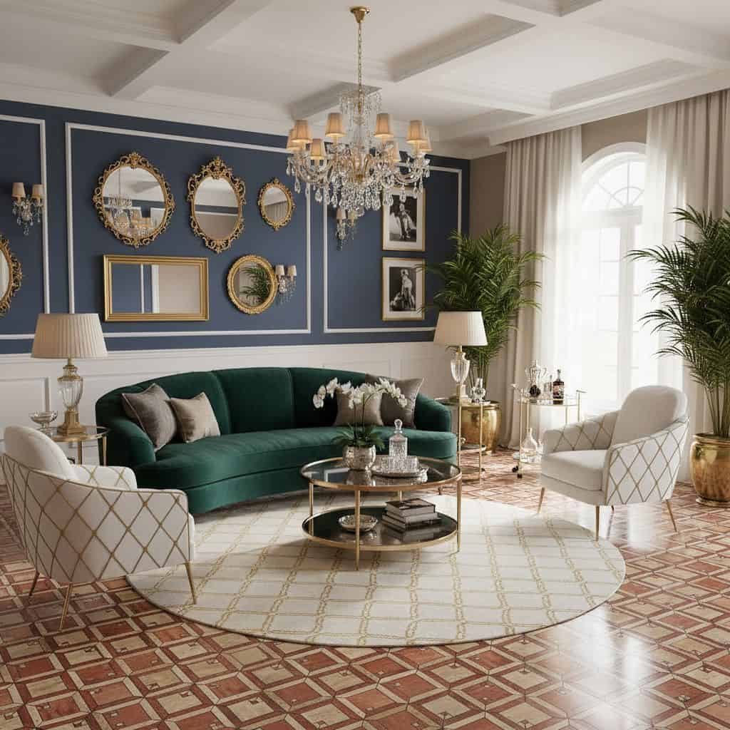 A luxurious living room featuring a navy blue accent wall with gold-framed mirrors and classic black-and-white photographs, c.