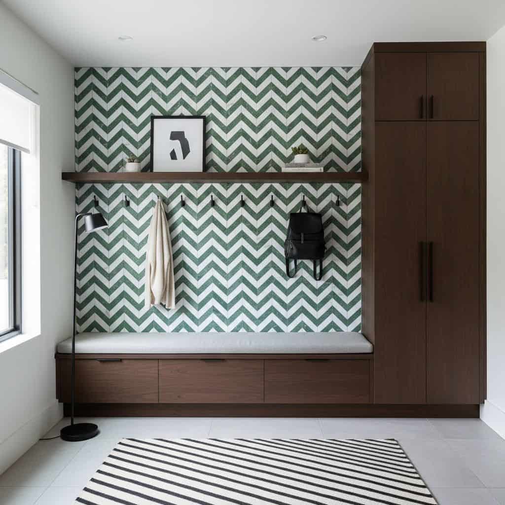 Peel and stick wall tile with a green and white chevron pattern on a feature wall in a contemporary entryway.