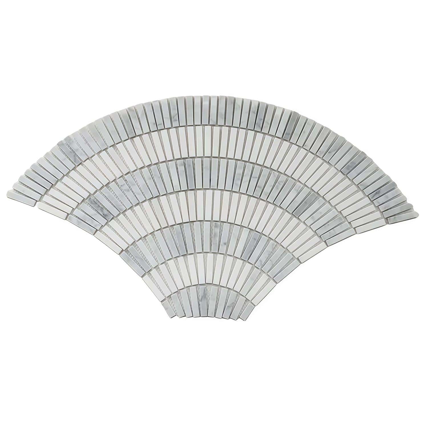 White and gray mosaic tile with a curved, fan-like design, smooth texture, and glossy finish.