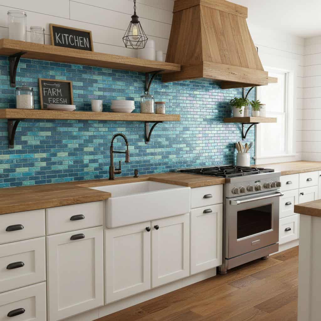 Bright kitchen featuring a blue glass tile backsplash and rustic wooden shelves.
