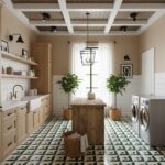 Bright laundry room with patterned green and white tiles, wooden cabinetry, and potted plants for a fresh look.