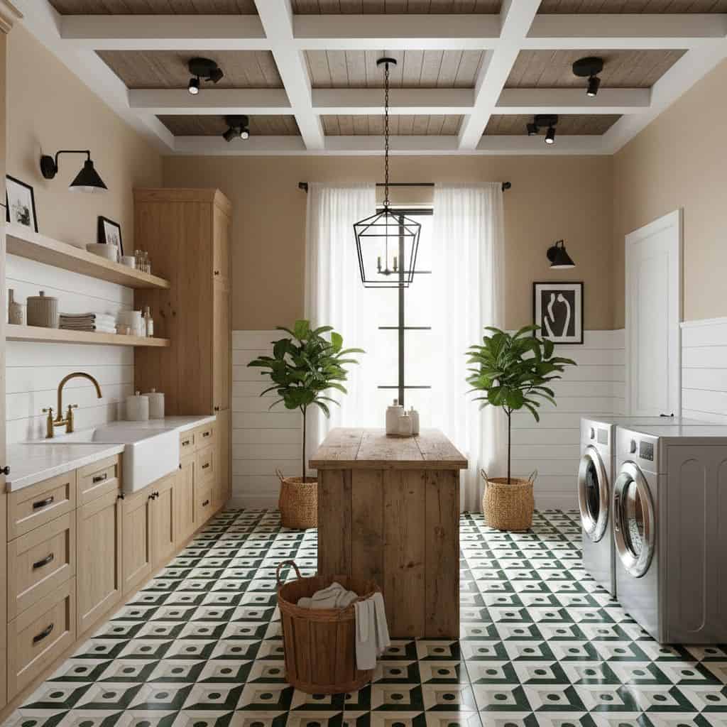 Bright laundry room with patterned green and white tiles, wooden cabinetry, and potted plants for a fresh look.