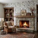 Stone fireplace with a wooden mantel, surrounded by cozy decor and a warm fire. Perfect for a rustic or traditional living ro.