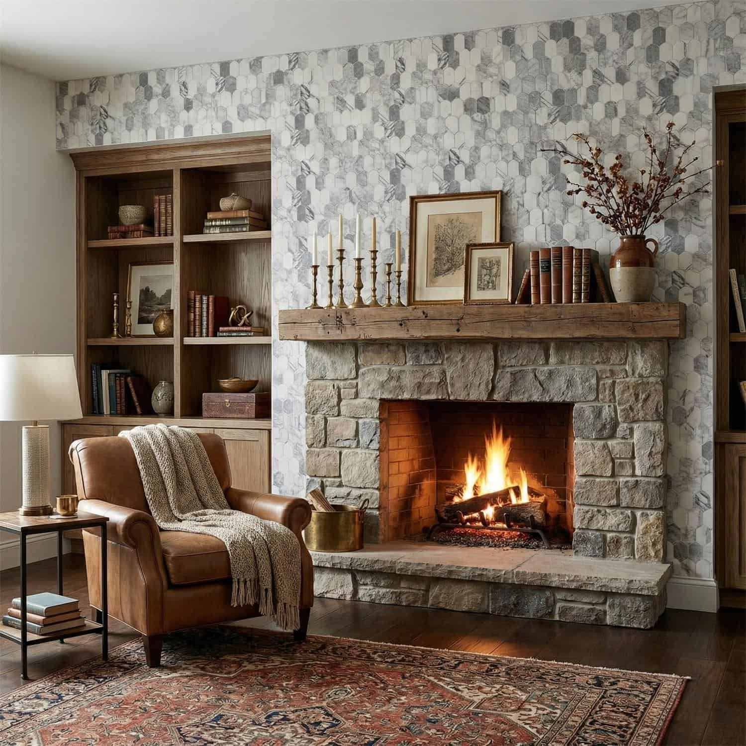 Stone fireplace with a wooden mantel, surrounded by cozy decor and a warm fire. Perfect for a rustic or traditional living ro.