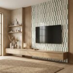 Geometric patterned tile in shades of green and beige, textured surface, with wooden wall paneling and a sleek floating TV co.