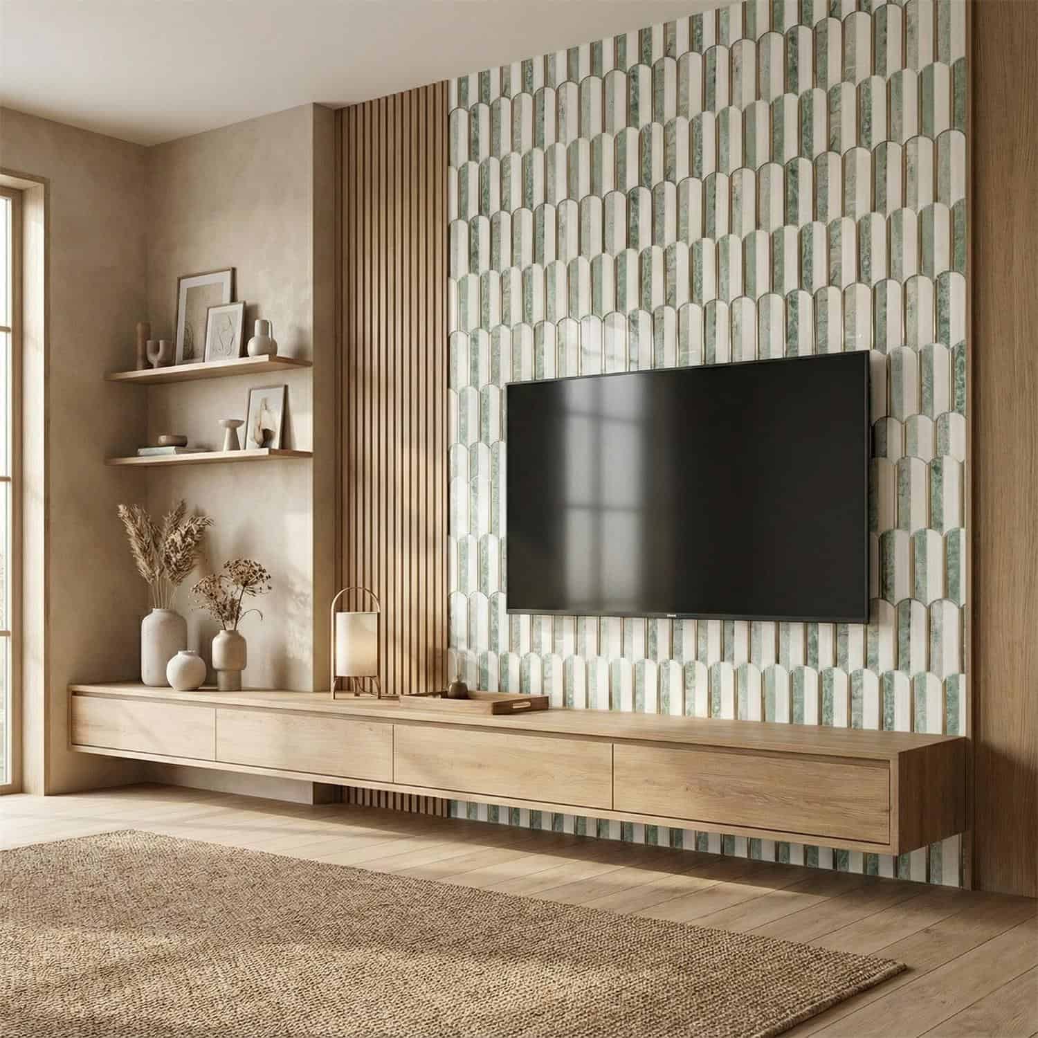 Geometric patterned tile in shades of green and beige, textured surface, with wooden wall paneling and a sleek floating TV co.