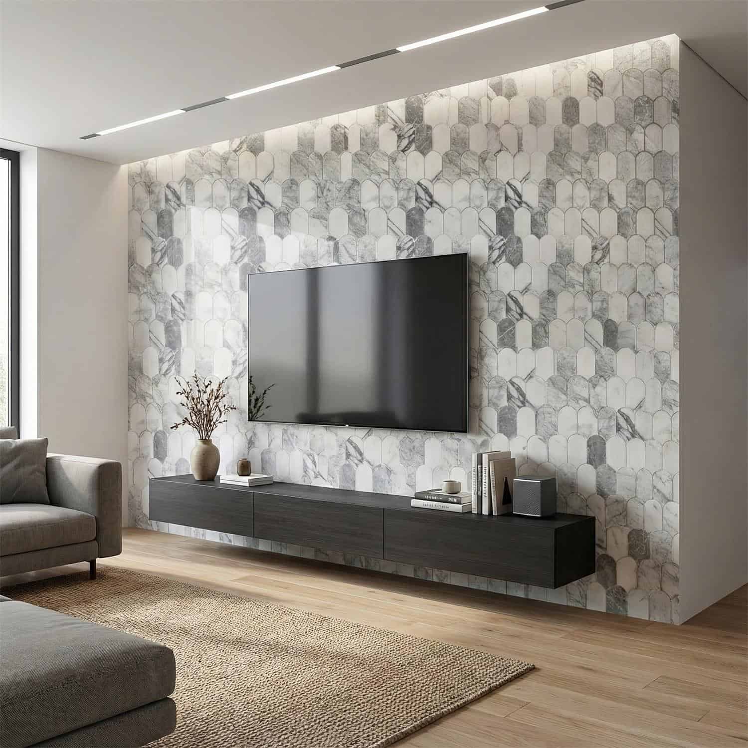 Elegant white and gray marble hexagon tiles with a smooth, polished texture.