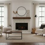 Fireplace with mother of pearl shell tile surround and modern decor in a cozy living room setting.