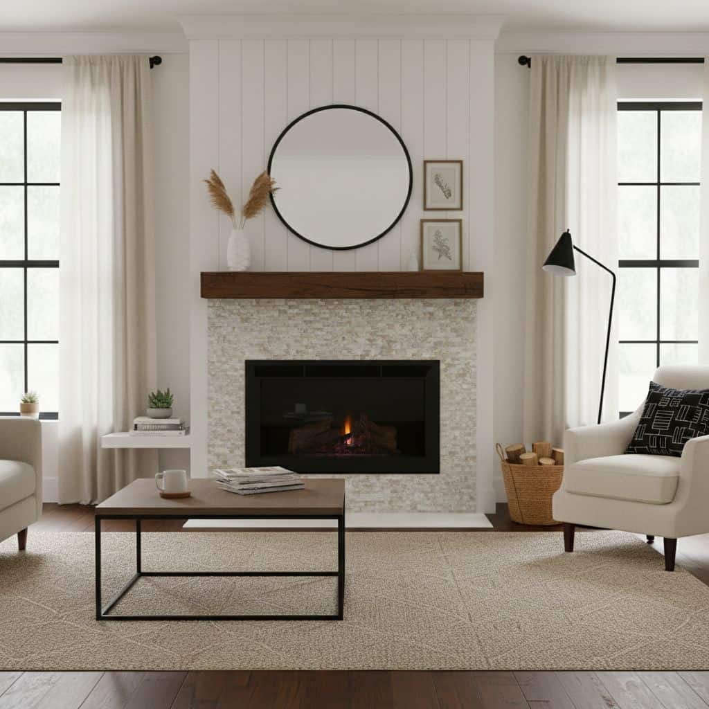 Fireplace with mother of pearl shell tile surround and modern decor in a cozy living room setting.