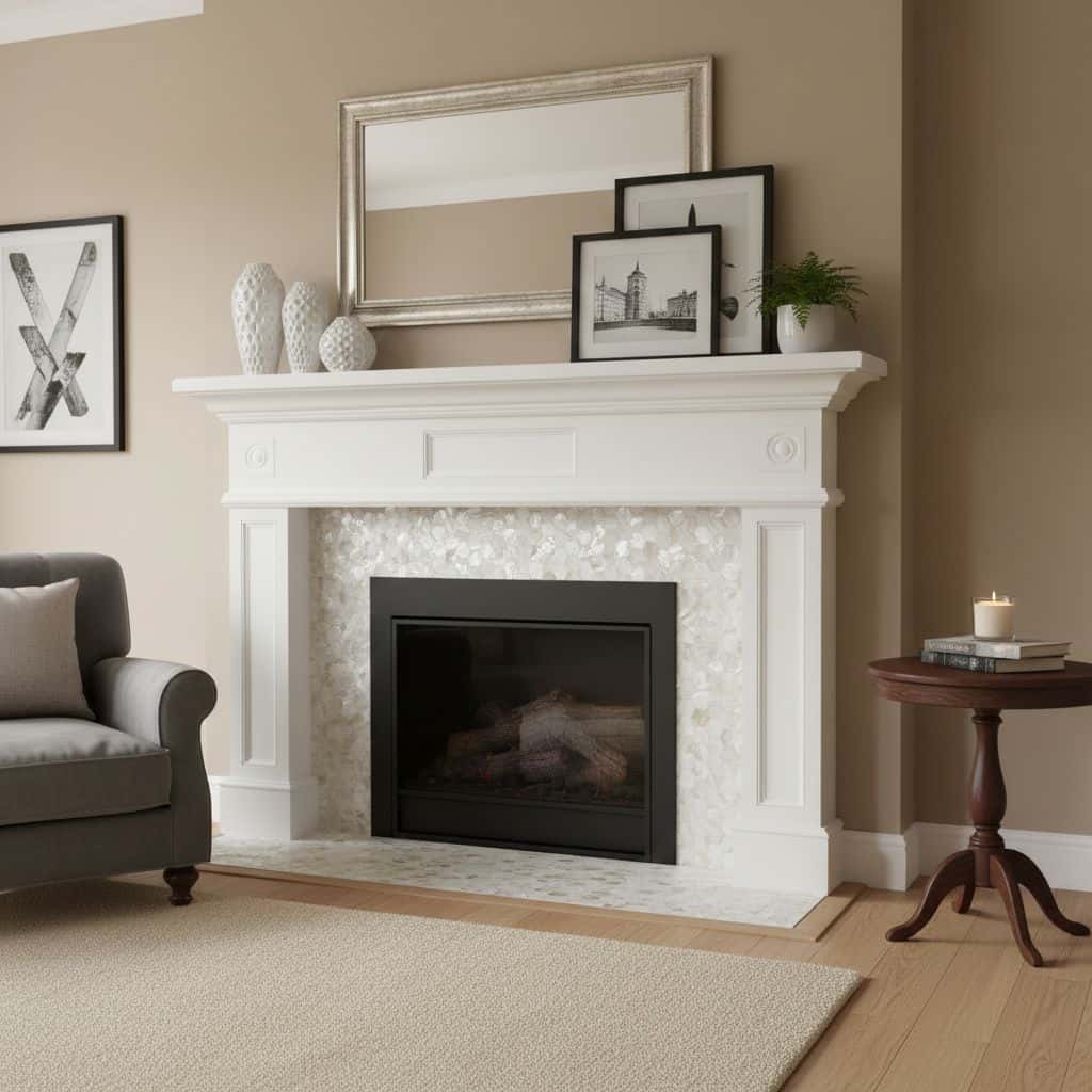 Elegant fireplace with mother of pearl shell tile surround and decorative accents.