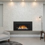 Elegant fireplace with mother of pearl shell tile surround.