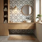 Geometric patterned ceramic tile in neutral tones with matte finish, perfect for bathroom walls.