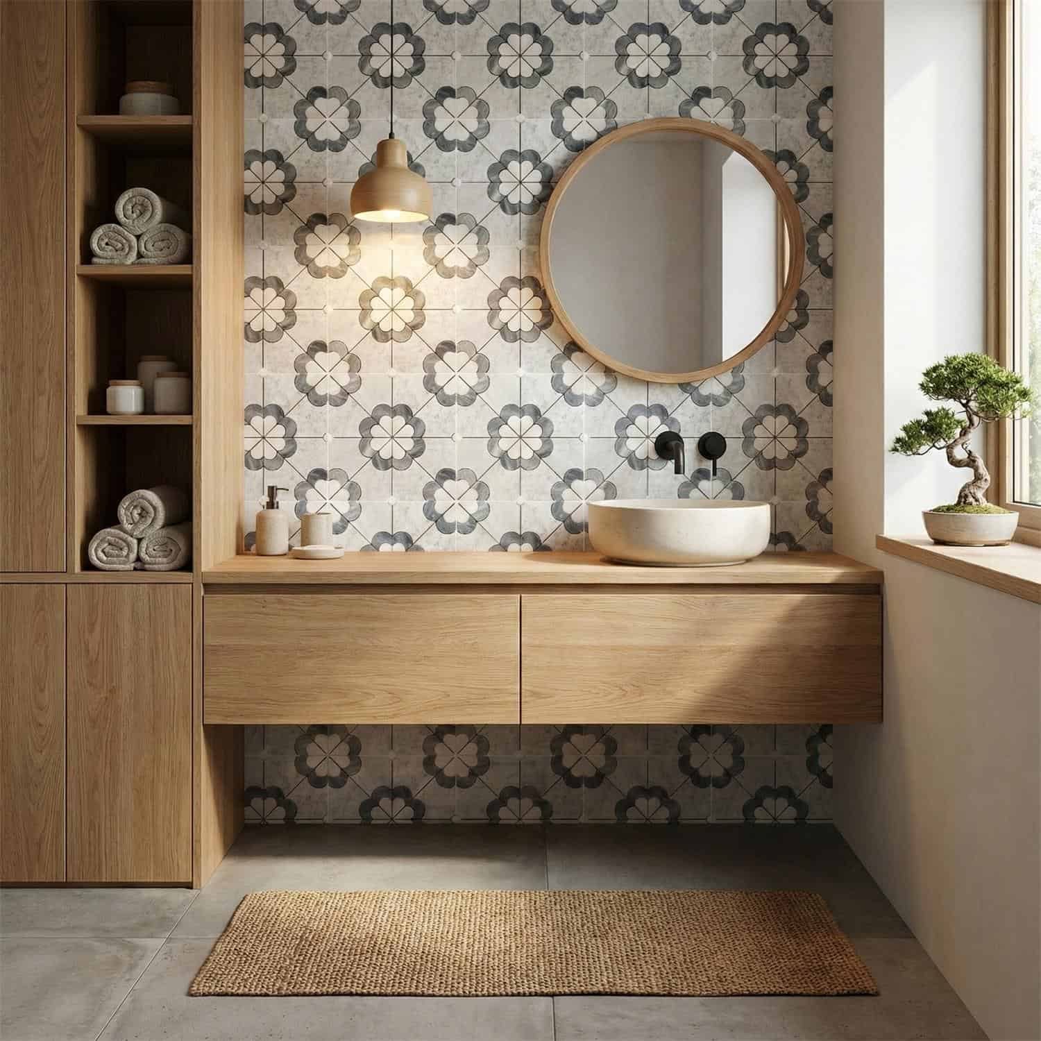Geometric patterned ceramic tile in neutral tones with matte finish, perfect for bathroom walls.
