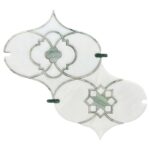White marble and glass tile with intricate geometric design, smooth texture, and elegant appearance.